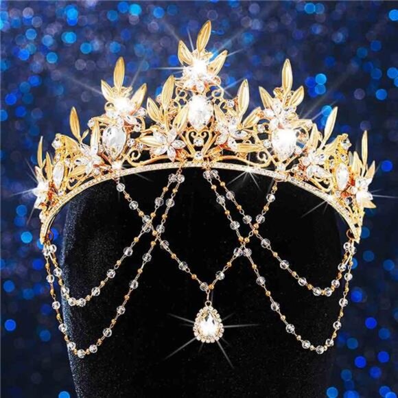 Queen Crowns and Tiaras Gold Leaf Tiara Wedding Crystal Headband Crown main image 4
